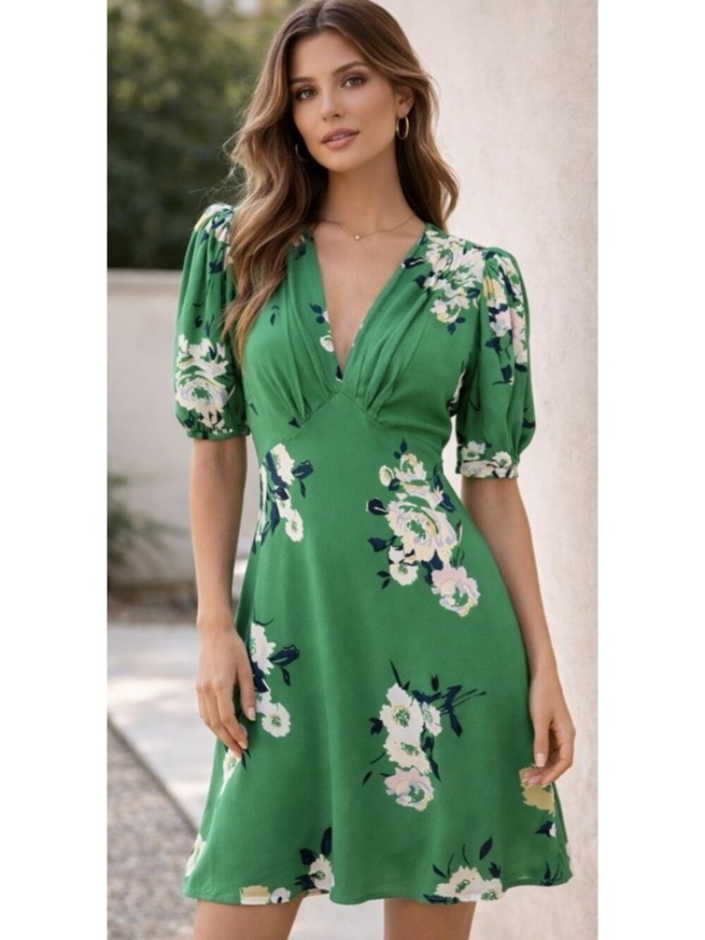 Free People Neon Garden Babydoll Dress V-Neck Mini Green Floral Size 0
